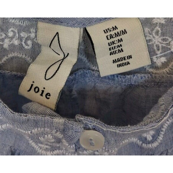 Joie Tank Top Blue Embroidered 100% Cotton Button Front Semi-Sheer Medium - Picture 12 of 12